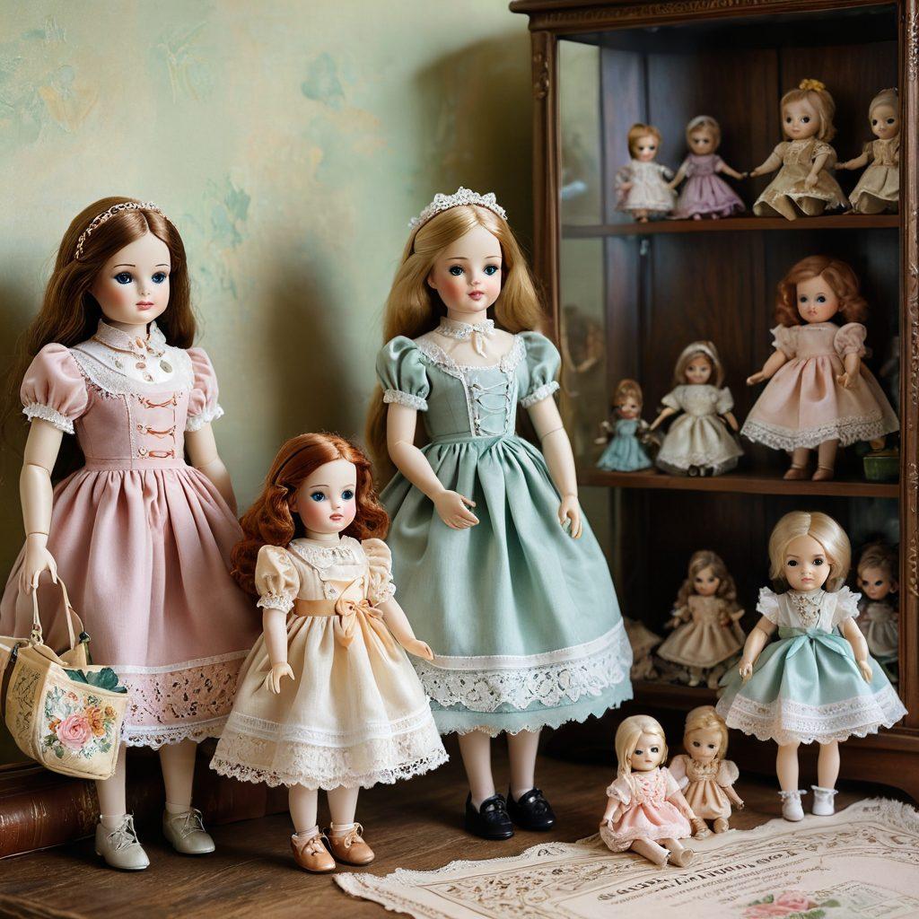 A beautifully arranged display of vintage dolls, showcasing their intricate details and textures, surrounded by protective glass cases. A soft, warm light highlights the craftsmanship while a measuring tape and insurance documents are subtly placed in the foreground, indicating the theme of protection. Lush, pastel-colored backgrounds enhance the nostalgic feel. Medium: painting. Style: vintage aesthetic. Colors: soft pastels.