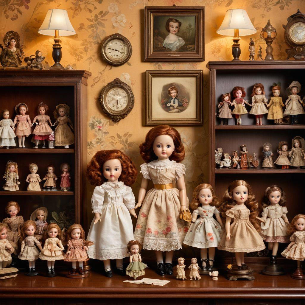 A brightly lit room showcasing a diverse collection of vintage dolls on elegant display shelves. In the foreground, a magnifying glass, appraisal documents, and a protective display case symbolize the appraisal and protection theme. Warm lighting enhances the nostalgic atmosphere, while a gentle focus on the dolls highlights their intricate details. Decorate the background with soft vintage wallpaper to evoke a cozy, collector's environment. super-realistic. warm tones. vintage style.