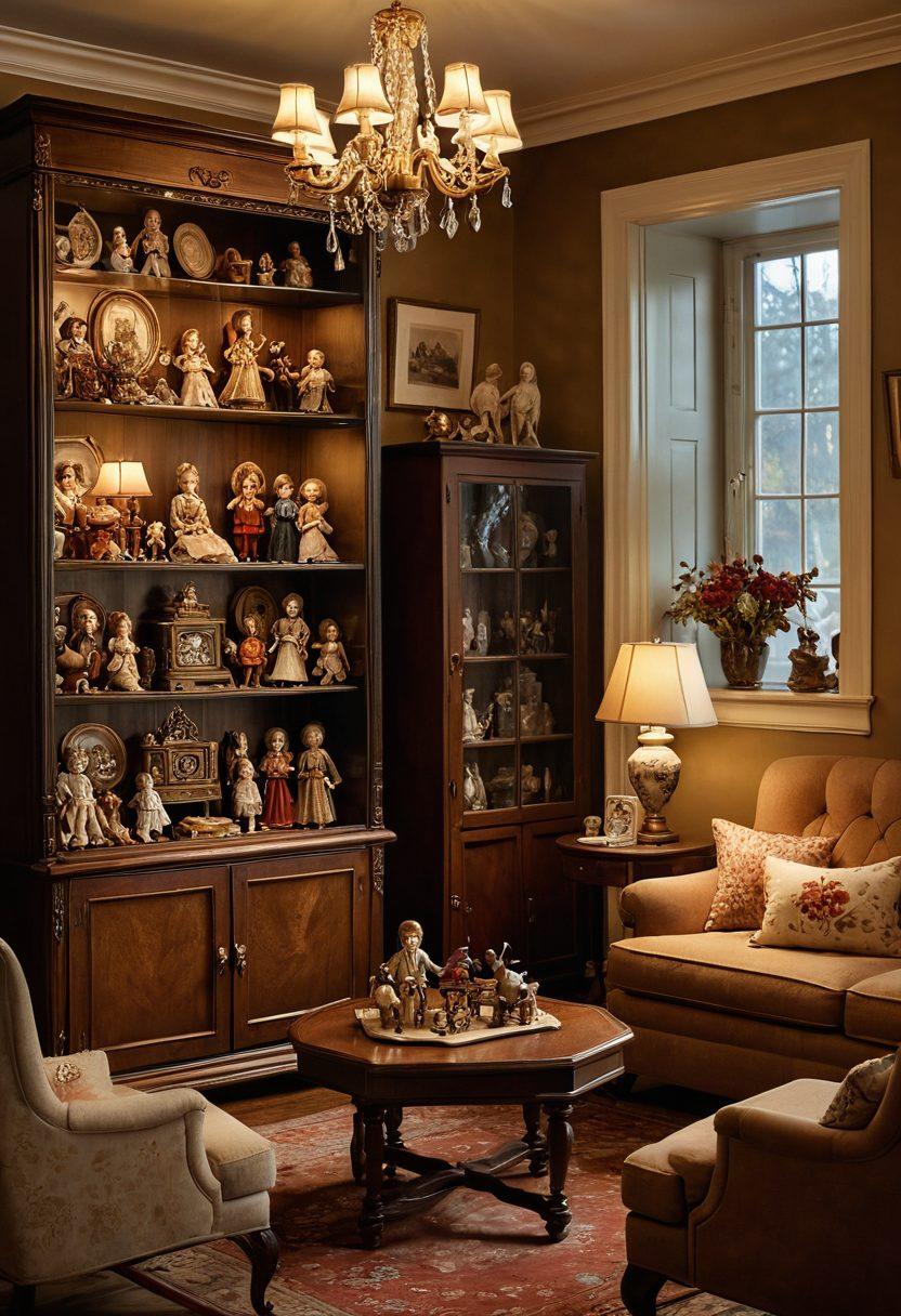A cozy living room showcasing a beautifully arranged display of vintage dolls and figurines in a protective glass cabinet, adorned with family heirloom memorabilia. The ambiance exudes warmth, with soft lighting highlighting the intricate details of each collectible. A friendly insurance agent discussing custom insurance solutions with a family in the background, creating a sense of trust and care. Rich textures and colors to evoke nostalgia and protection. super-realistic. warm tones. soft focus.